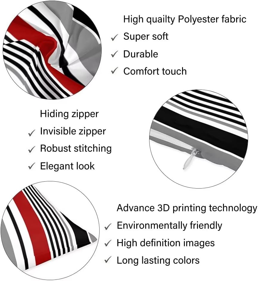 Abstract Stripes Body Pillow Cover Red and Black White Grey Striped Long Pillow - Image 6