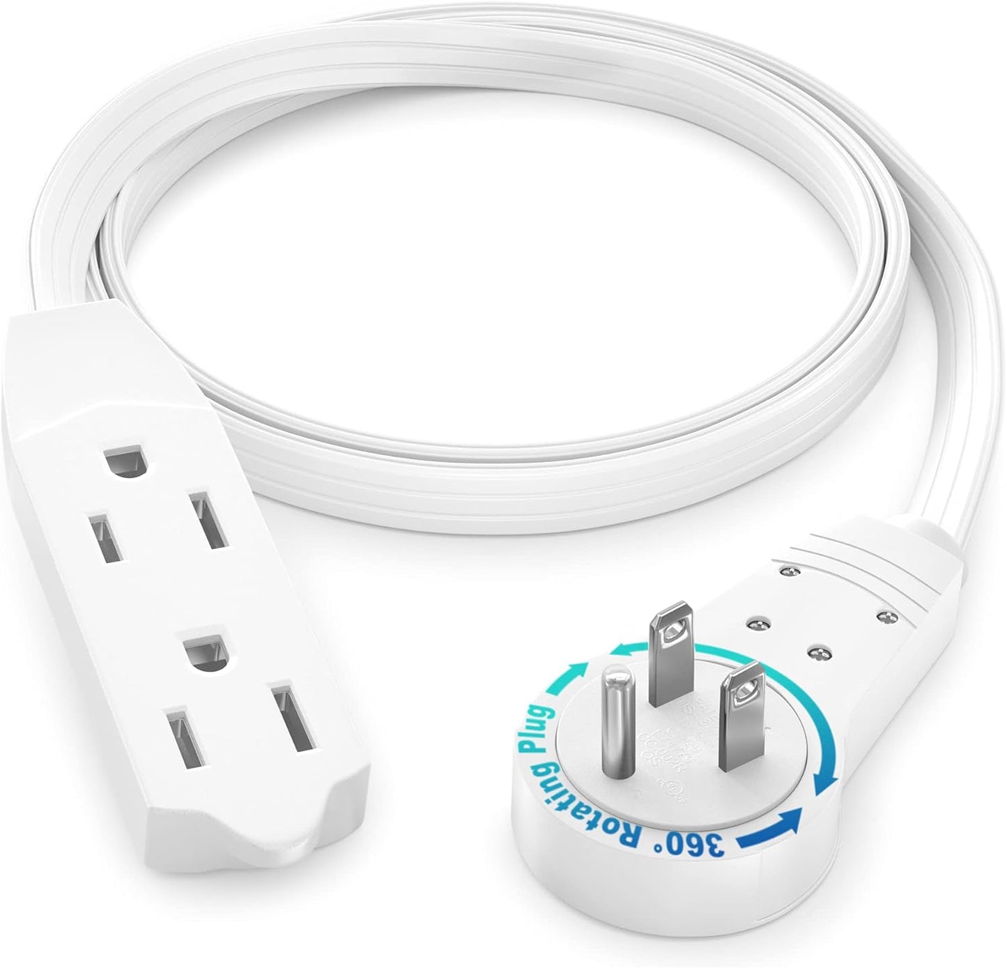 Maximm Cable 2 Ft 360° Rotating Flat Plug Extension Cord, 16/3 AWG Multi 3 Outlet 3-Prong Grounded Wire- White - UL Certified