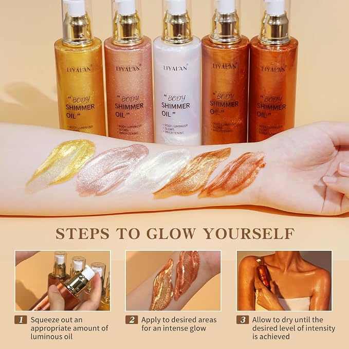 Liyalan Shimmer Body Oil Pearl White 5 Color Bronze Face Brighten Glow - Image 3