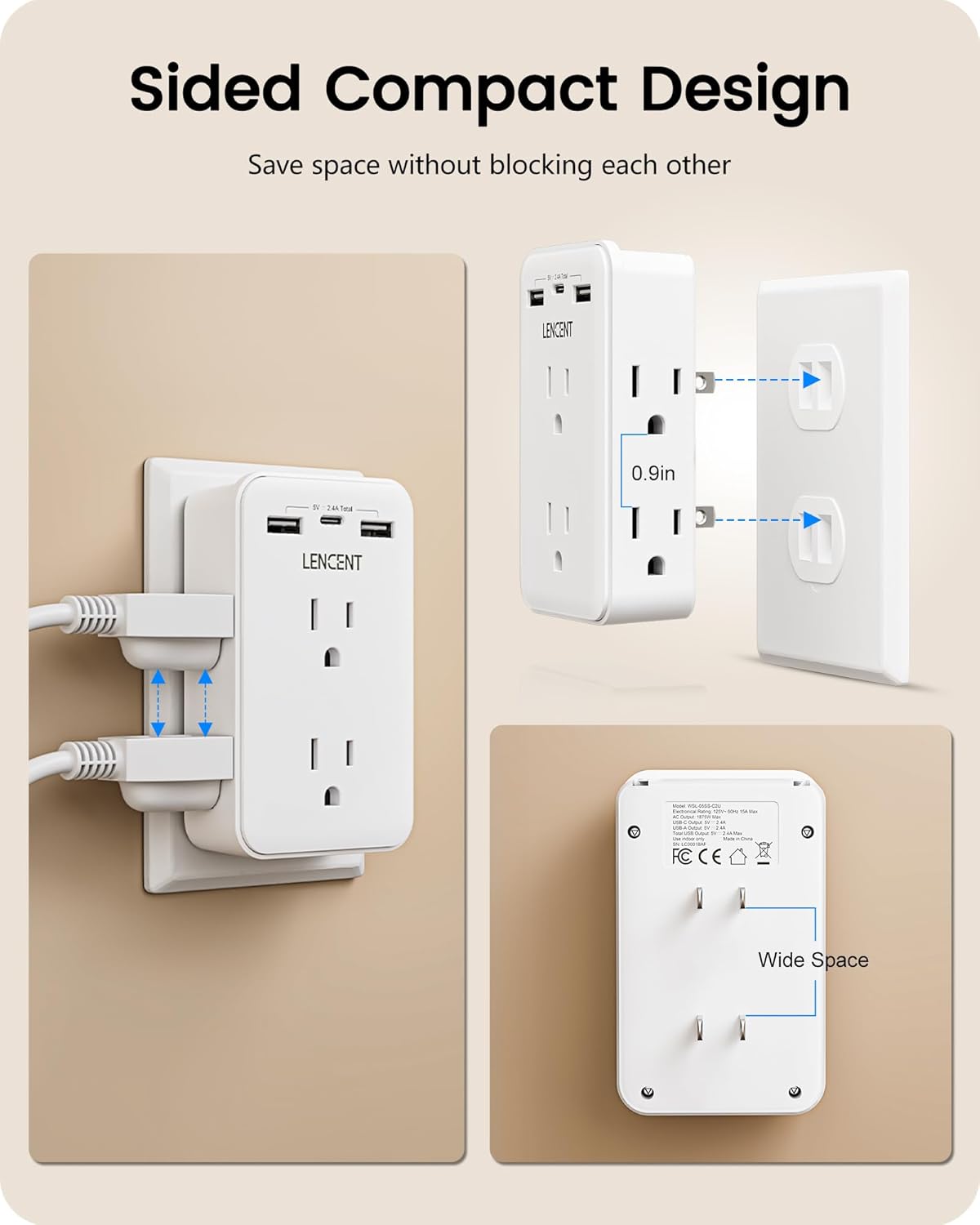 LENCENT 2 to 3 Prong Outlet Adapter, 2 Prong Power Strip with 6 AC Sockets 3 USB Ports(1 USB C), 3-Sided Wall Plug Splitter, 1875W Max, Compact Adapter for Non-Grounded Outlets in Old Houses