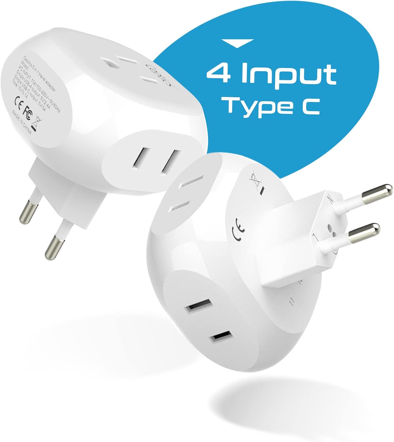 Ceptics European Travel Plug Adapter Europe Power Adaptor Charger 4 Input - Ultra Compact - Light Weight - USA to Any Type C Countries Such as Italy, Iceland, Austria and More - 2 Pack (PT-9C)
