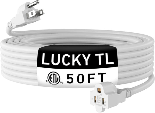 LUCKY TL Indoor Outdoor Extension Cord, 16/3 Gauge White Long Extension Cord 50ft, Waterproof Flexible Case, Made of Pure Copper, 13A 1625W 16AWG SJTW, 3 Prong Heavy Duty Wire, ETL