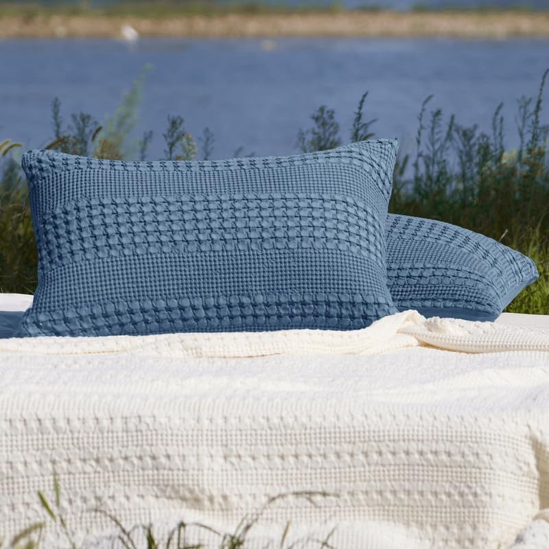 PHF Cotton Waffle Pillow Shams Queen Size 20" x 30", Denim Blue, No Insert - Image 6