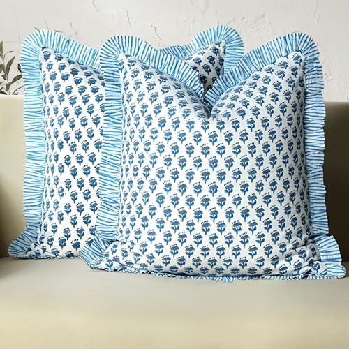 CPC Block Print Ruffle Throw Pillow Cover Apatite Blue 16"x16" by COTTONPRINTCLUB