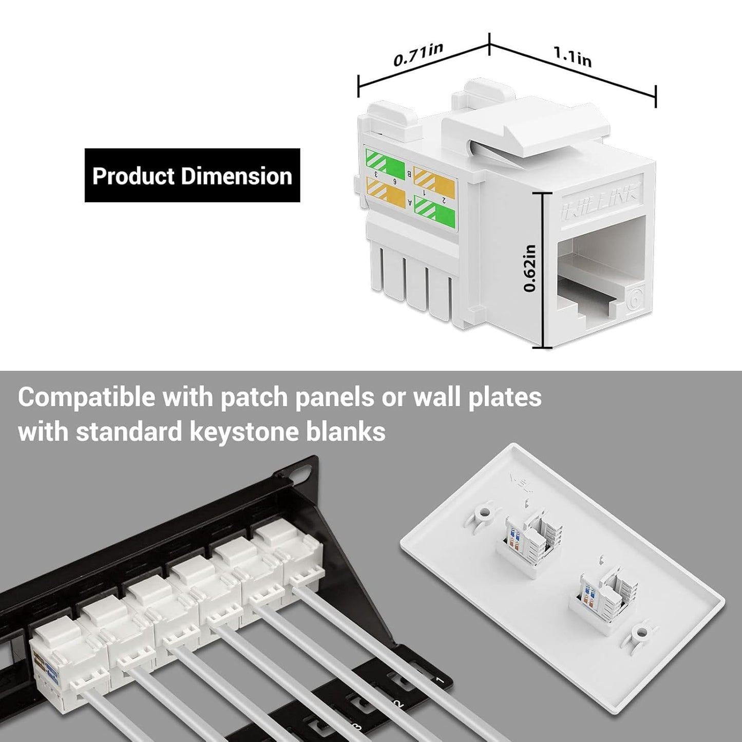 iwillink 10Gbps Cat6 Keystone Jack and Punch-Down Stand, 50-Pack, RJ45 Ethernet Keystone Jacks, 90-Degree UTP Modular Punch Down Keystone Jack Adapter, White