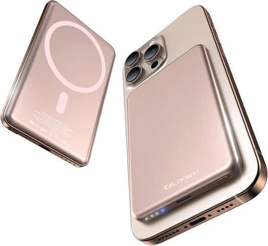 [0.3" Ultra Slim] [Alloy-Made] ULiXWH for Magsafe Portable Charger for iPhone, 2025 Upgrade 5000mAh Fast Charging Magnetic Power Bank, Wireless Battery Pack for iPhone 16 15 Pro Max 14 13 12, Pink