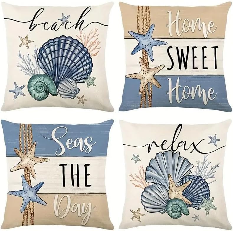 Beach Theme Throw Pillow Covers, 18x18 inches, Coastal Seashell and Starfish by Unknown