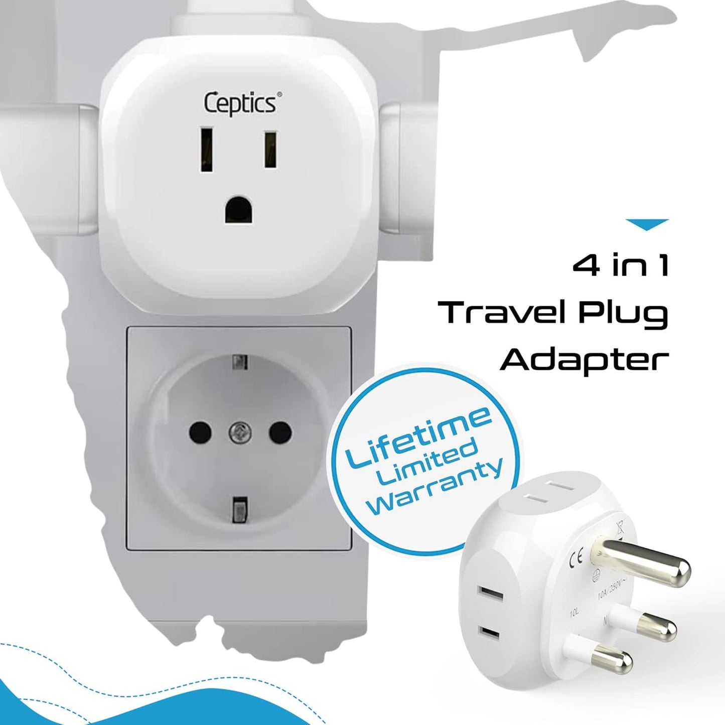 Ceptics South Africa Travel Plug Adapter Set - 4 Input - Ultra Compact - Light Weight - Type M and Type G - USA to Any Type M Countries Such as Botswana, Namibia - 4 Pack (PT-7-10L-4PK),White