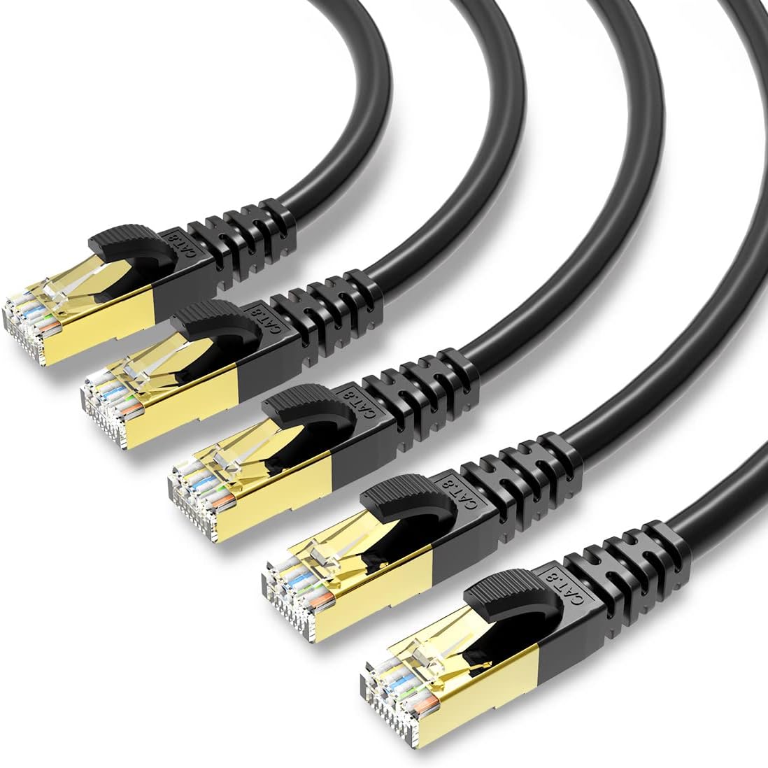 KASIMO CAT 8 Ethernet Cable Shielded SFTP Internet Network Patch Cord, Heavy Duty High Speed LAN Cables w Gold Plated RJ45 Connector Professional for Router, Modem, Gaming (5 Feet, 5 Pack Black)