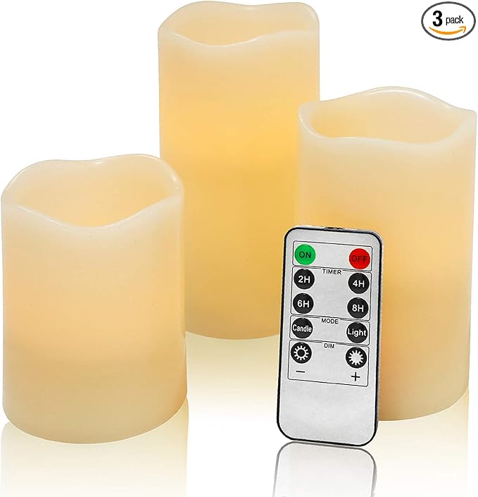 Flameless Flickering LED Battery Candles :Set of 3 Ivory Real Wax Pillar by JUNPEILEDTEACANDLES
