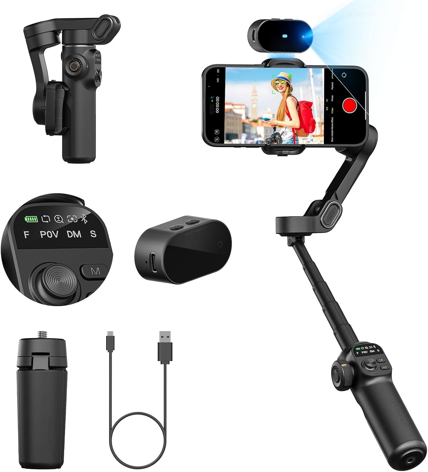Gimbal Stabilizer for Smartphone,NO APP Tracking,20CM Extension Rod,Face & Object Tracking stabilizer for iPhone & Android,3-Axis OLED Gimbal for Video Recording-AOCHUAN Smart X2AI Black