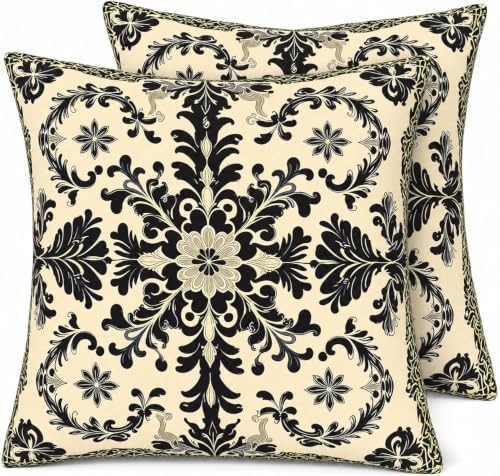 Set of 2 Linen Vintage Black Damask Floral Throw Pillow Covers 18x18 Inch by Unknown