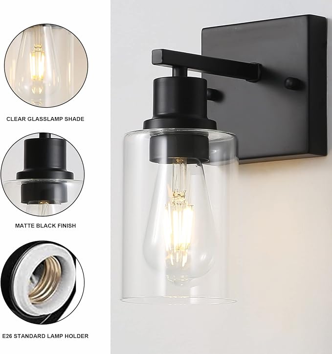 Bathroom Vanity Light Fixtures, 1-Light Matte Black Bathroom Lights, Wall - Image 3