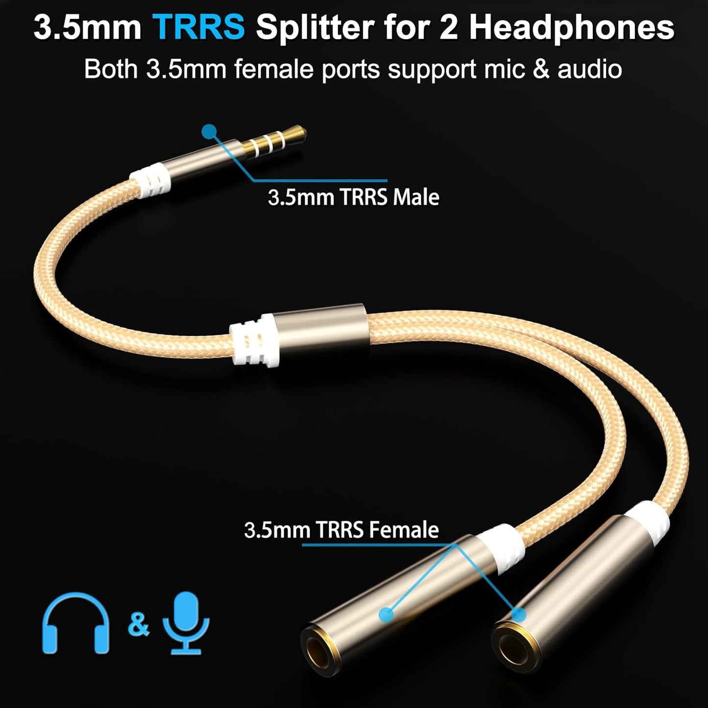 3.5mm TRRS Splitter for 2 Headphones 1FT 2-Pack, Audio & Mic, 3.5 mm Aux Jack Cable 1 in 2 out, Dual 1/8" Stereo Female Adapter, Double Headset Split Y Cord 2 Way for Phone/Tablet/Laptop/PC/MP3, Gold