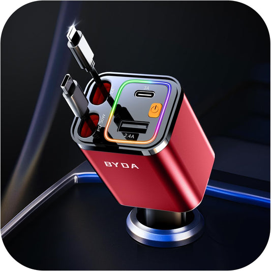 [2025 Mirco-Version] 4 in 1 Retractable Car Charger,69W Car Charger USB C,Cigarette Lighter Adapter,Fast Charging for iPhone 16e/16/15/14,13,Android (Red, for Lightning+USB-C)