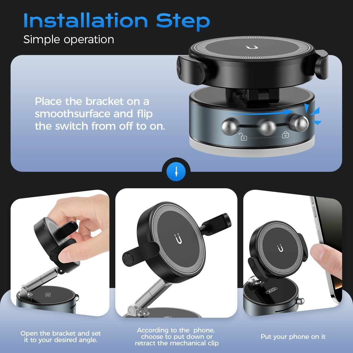 360° Rotation Clip on Car Phone Mount, 2 IN 1 Adjustable Magnetic Car Phone Holder Vacuum Suction Cup Phone Stand Foldable Cellphone Mount with Concealable Ears for All Smartphones