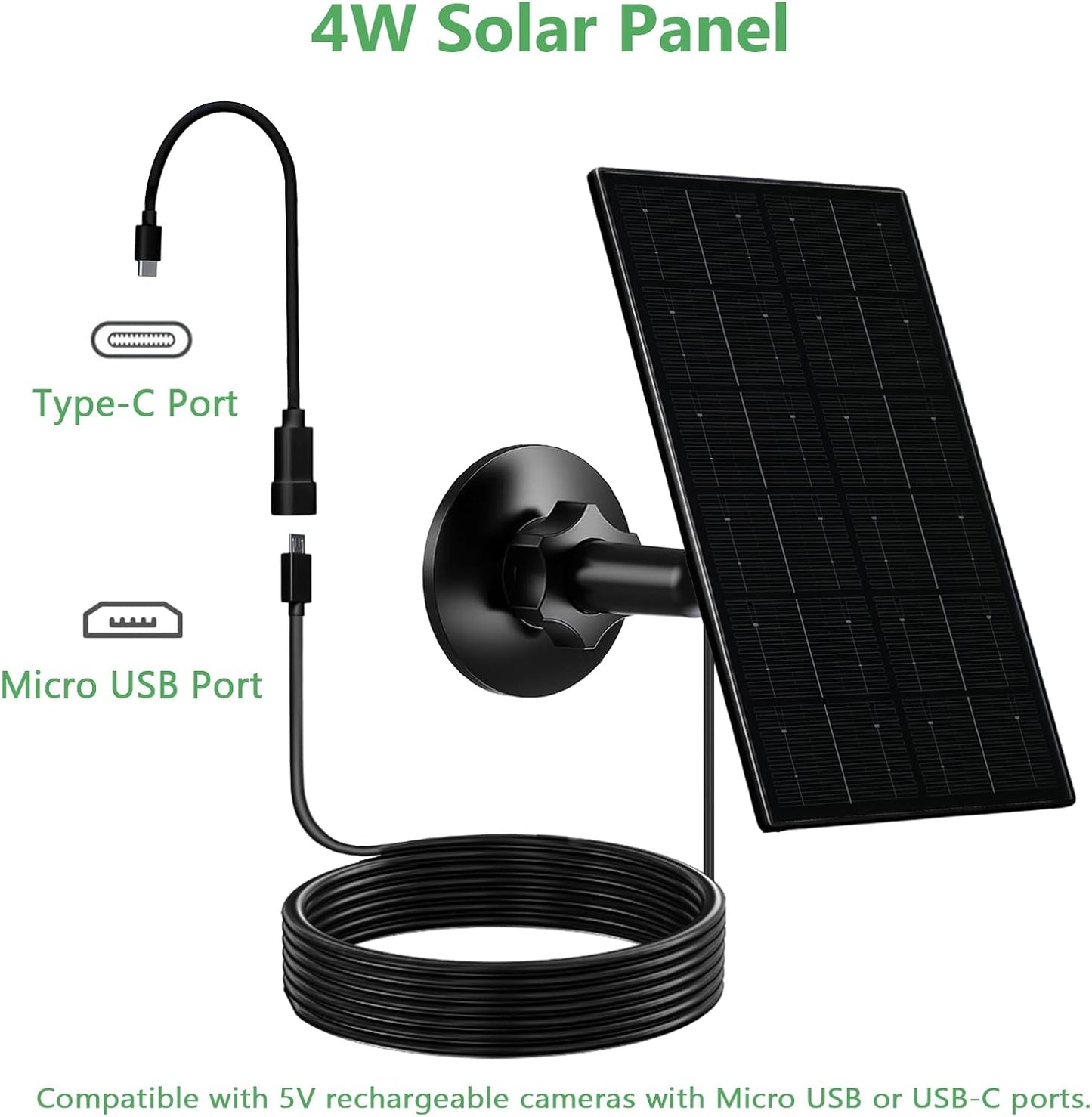 Zivif 4W Solar Panel for Security Camera, Solar Panel Charger with USB-C & Micro USB Ports, Compatible with Rechargeable Battery Camera, 360° Adjustable Mount