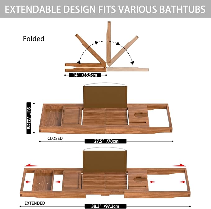 Premium Teak Bathtub Tray Caddy, Expandable Wooden Bath Tray - Image 5
