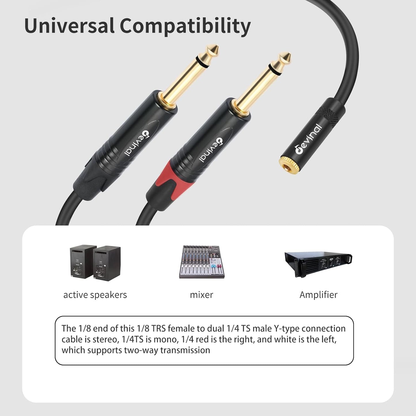 Devinal 3.5mm to Dual 1/4 Y Splitter Cable, 1/8" Female TRS to Dual 6.35mm TS Male Adapter, Female Mini Jack Stereo to 2 Quarter inch Mono Converter 1 feet