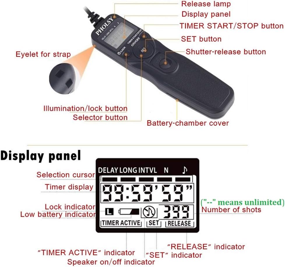 PHOLSY S6 Timer Remote Control Cable with Intervalometer for Sony a77M2, a99M2, a99, a77, a67, a65, a57, a55, a900, a850, a700, a580, a560, a550, a500, a450, a300, Replaces Sony RM-L1AM