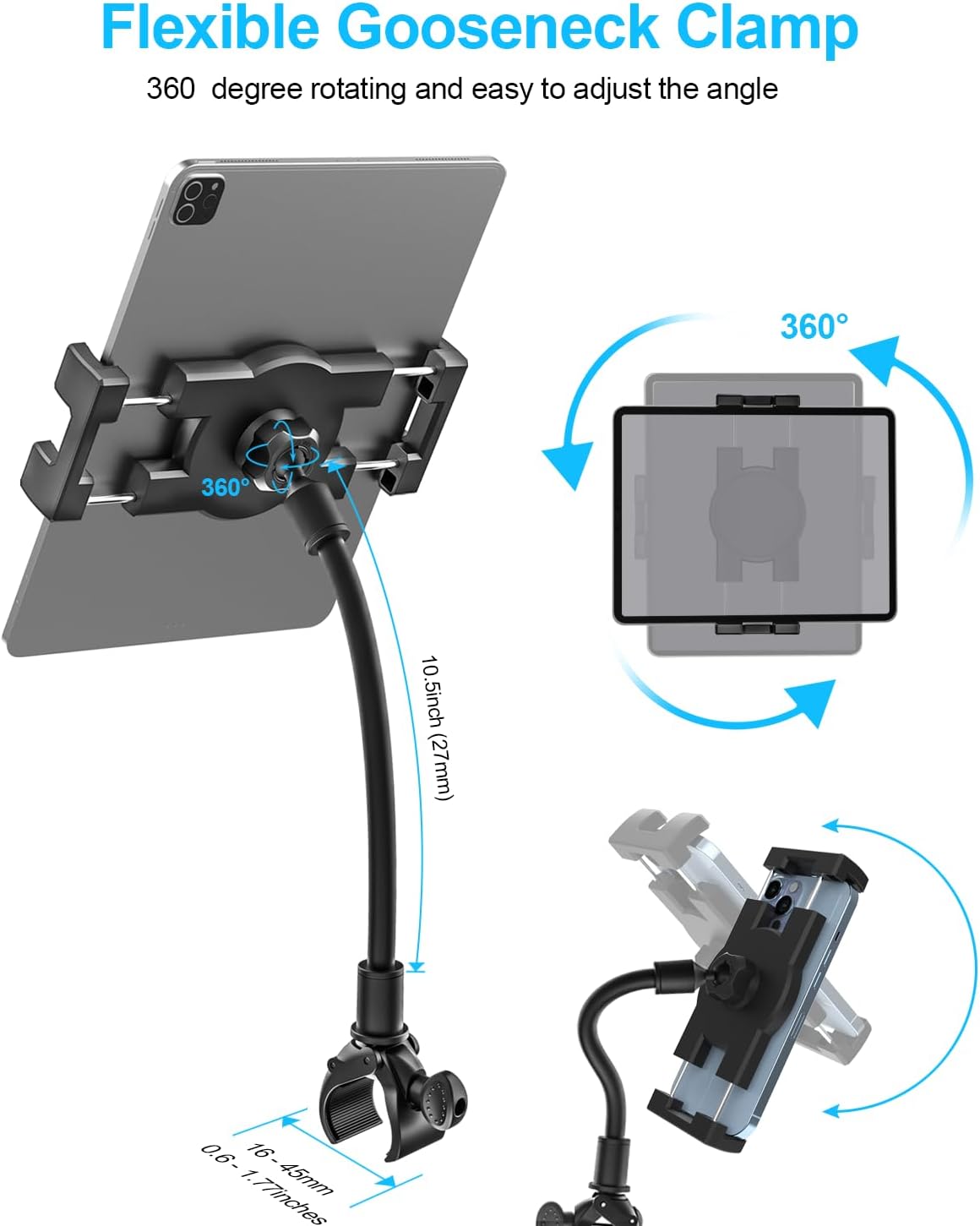 woleyi Gooseneck Tablet Holder for Spin Bike, Peloton Tablet Mount Exercise Bike Handlebar Stand for Stationary Bicycle, Treadmill, Stroller, Elliptical for iPad Pro Air Mini, Galaxy, 4.7-13" Devices