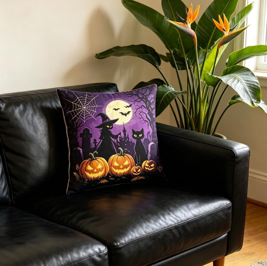 Halloween Throw Pillow Covers, Witch Pumpkin Bat Spider Web, 18x18 Inch - Image 4