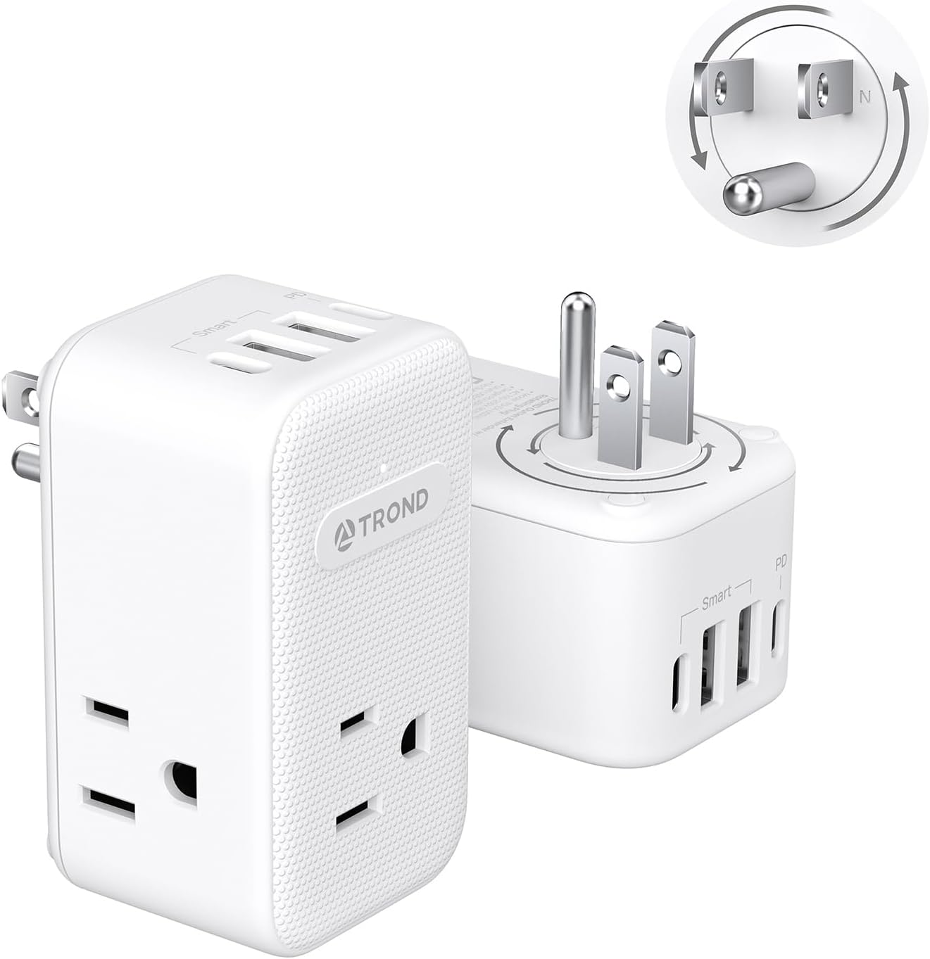 TROND Multi Plug Outlet Extender 2 Pack, 3 Way Outlet Splitter with 360 Rotating Plug, PD 20W USB C Charger Station, Sideways Adapter for Kitchen Bathroom Cruise Ship Travel Essentials