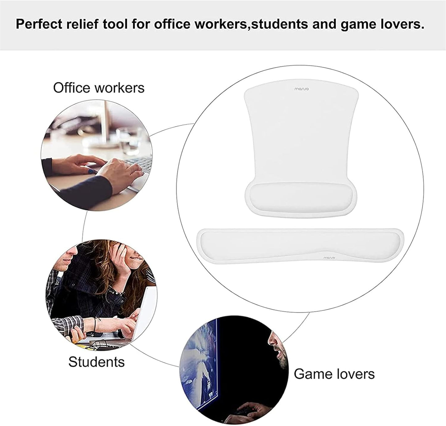 MOSISO Wrist Rest Support for Mouse Pad & Keyboard Set, Ergonomic Mousepad Non-Slip Base Home/Office Pain Relief & Easy Typing Cushion with Neoprene Cloth & Raised Memory Foam, White