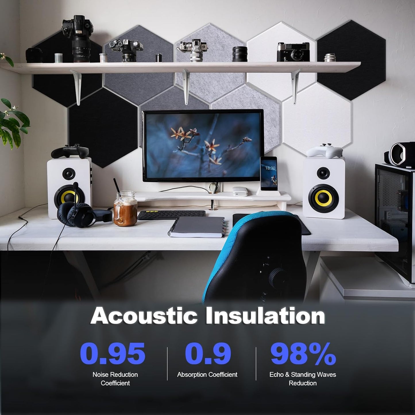 Mollywell Hexagon Acoustic Panels, High Density, Soundproofing, Decorative Noise Reduction Felt Wall Tiles for Studio, Office, Home (Silver Gray, Moon Gray, Black, White), 14x12x0.4 Inch