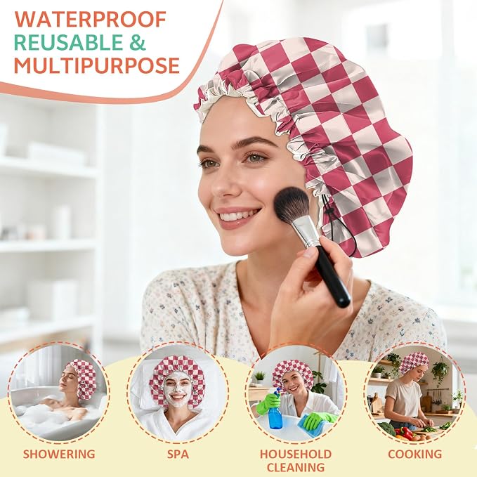 Shower Cap Reusable Double Layer Adjustable Elastic Waterproof EVA Hair Bath - Image 6