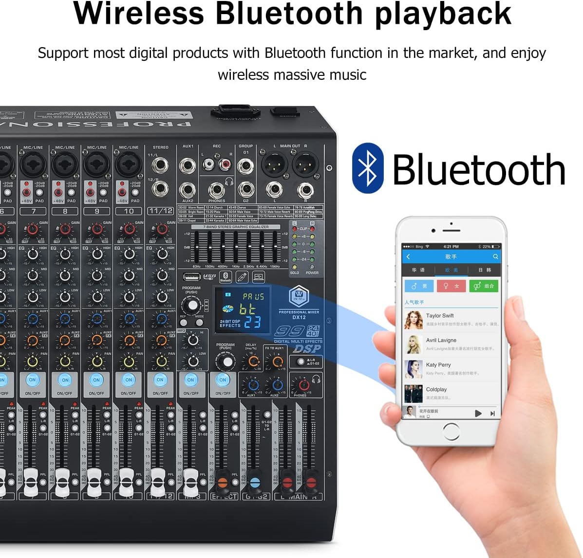 W IN-MIX DX12 Professional DJ Audio Mixer 12 Channel with 99 DSP Effects,7-band EQ,Independent 48V Phantom Power&Mute Button,Bluetooth Function,USB Interface Recording For Studio & Stage