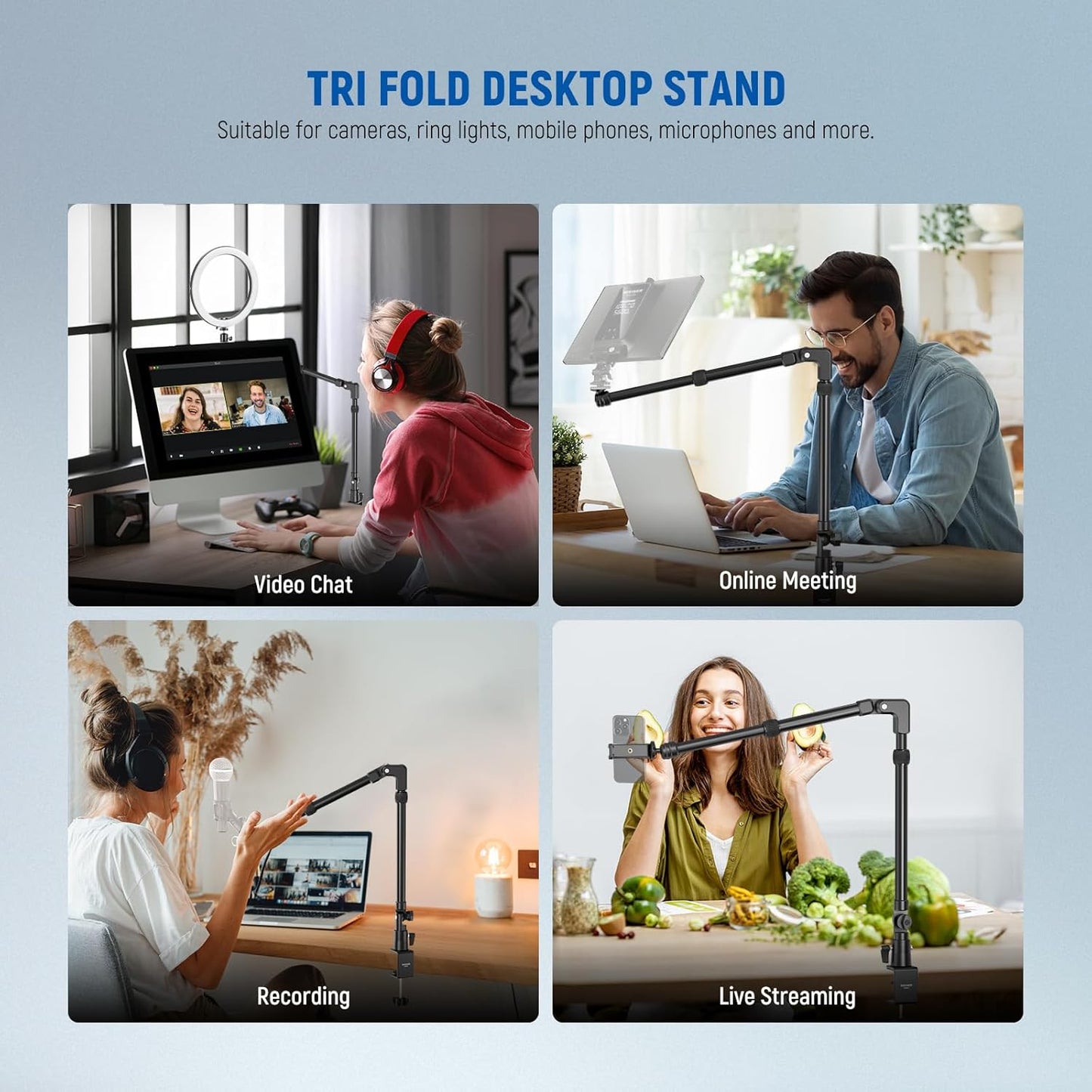 NEEWER 45.5" Overhead Camera Desk Stand, Aluminum 4 Section Magic Mic Boom Arm with C Clamp Mount Phone Holder, for Webcam LED Light Microphone Streaming Zoom Video Recording, Max Load 4.41lb, DS023