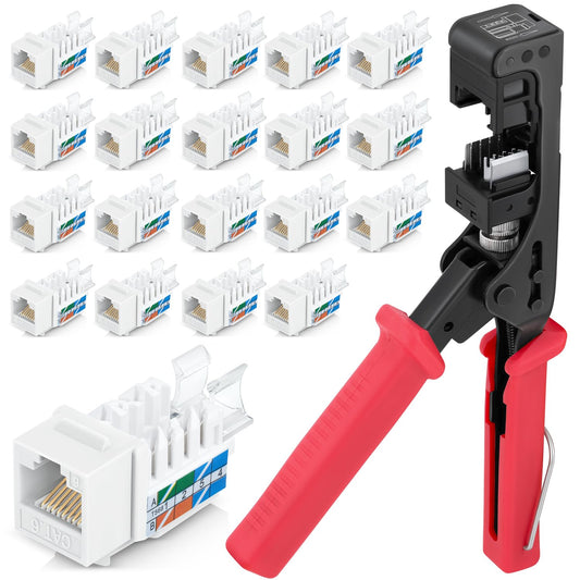 Everest easyJACK - 45° Angled Speed Termination Keystone Tool Set - with 20-Pack of RJ45 Cat6 Keystone Jacks in White (Slim Profile Design) - Time Saver Network Punch Down Tool Cat6