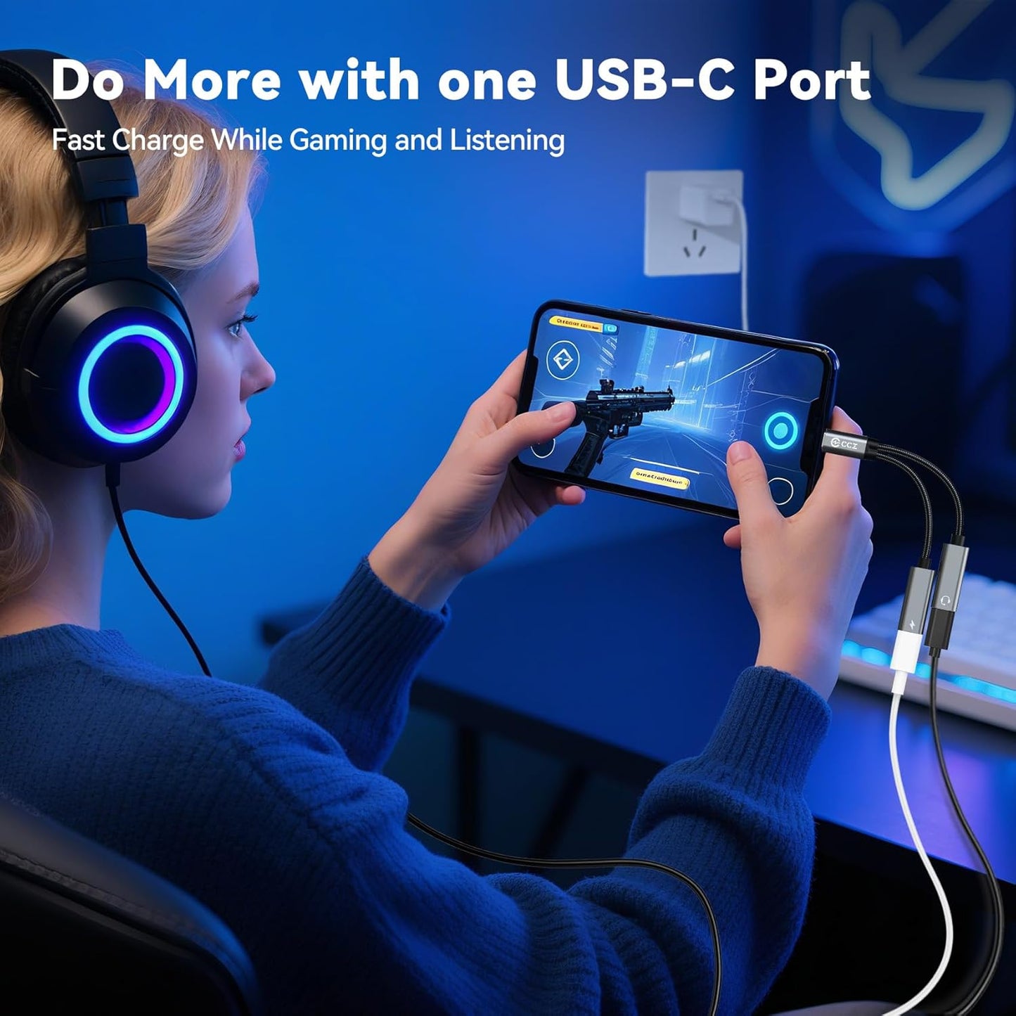 USB C Splitter,1 in 2 Out Dual USB C Type Headphone and Charger Audio Adapter,Hi-Fi Sound Quality Type C Headphone Adapter and Charging Dongle Cable Compatible with Phone 16/15 Pro Max(USB-USB,2Pack)