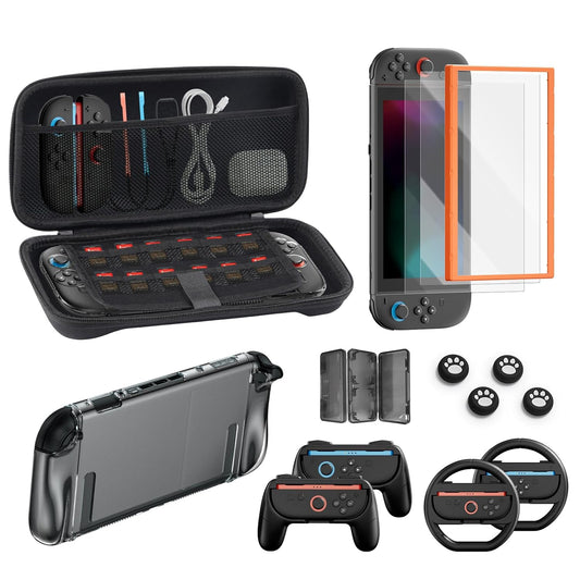 Switch 2 Accessories Bundle for Nintendo, 16-in-1 Game Kit: Carrying Case, Screen Protectors with Alignment Frame, Steering Wheels, Grips for Joycon Controller, Dockable Console Protective Cover Shell
