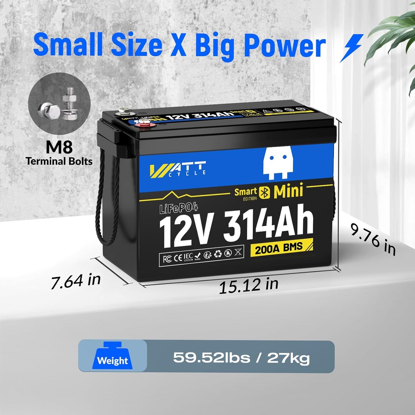12V 314Ah Mini LiFePO4 Lithium Battery with Bluetooth 5.0, 200A BMS, 4.01kWh Energy, Upgraded Aluminum Cooling Fins & Braided Copper Wires, for RV, Marine, 300ah + LiFePO4 Battery