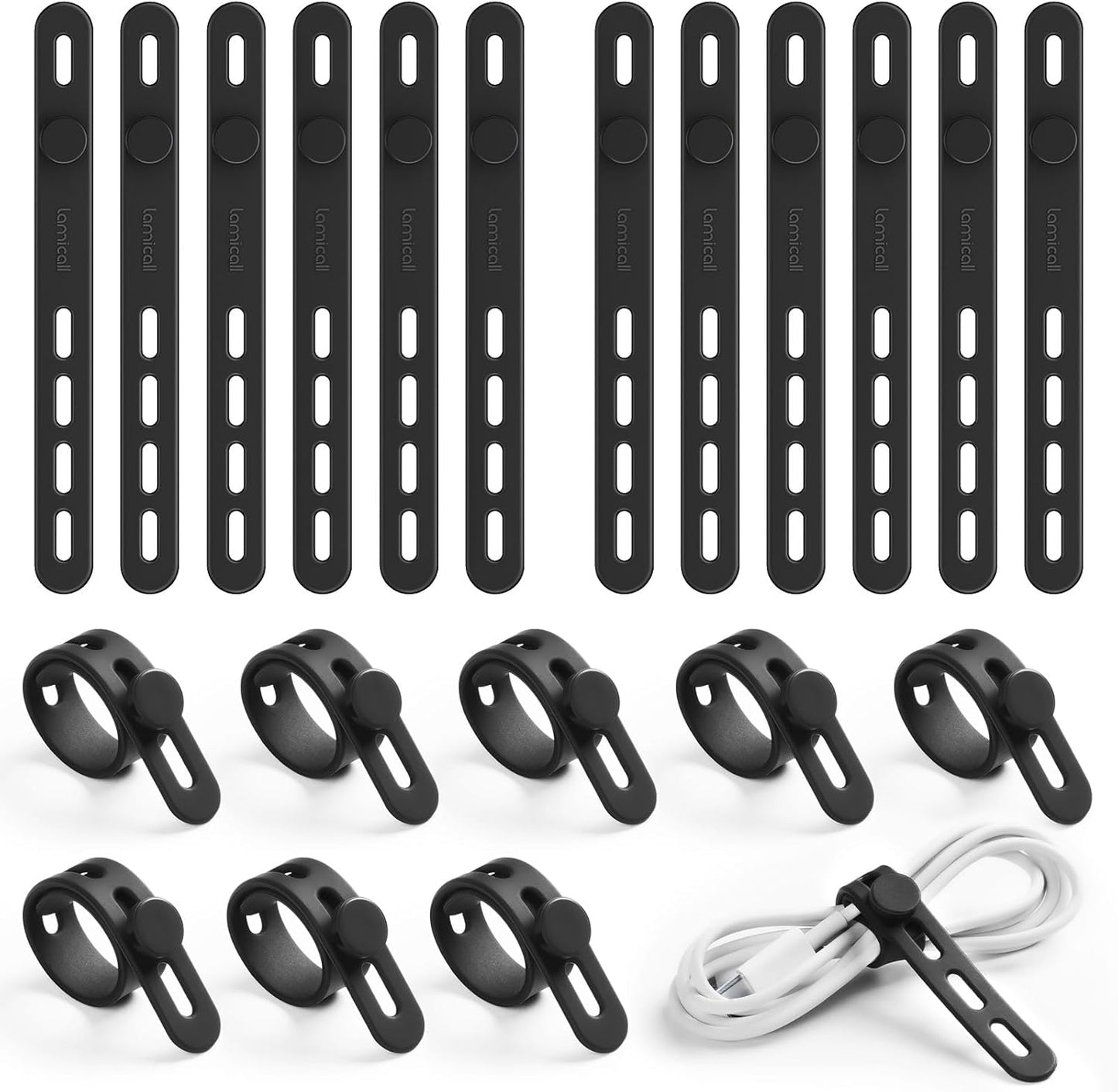 Lamicall 20Pack Silicone Cable Ties, Office Desk Organizer Accessories, Reusable Wire Ties Management with Lock Buckle, Adjustable Charger Cable Strap, Electrical Cord Keeper for Travel Essentials