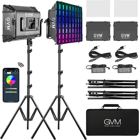 GVM RGB Photography Lighting Kits with 2 Softboxes, 680RS 50W Studio Lights with Bluetooth Control, 2 Packs Video Light with 18 Lighting Scenes, led Panel Lights for Video Recording, 8500lux/0.5m