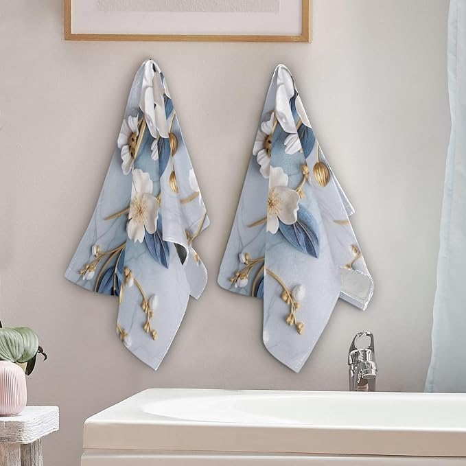Vintage 3D Floral Hand Towels for Bathroom Set of 2, Decorative White Blue - Image 3
