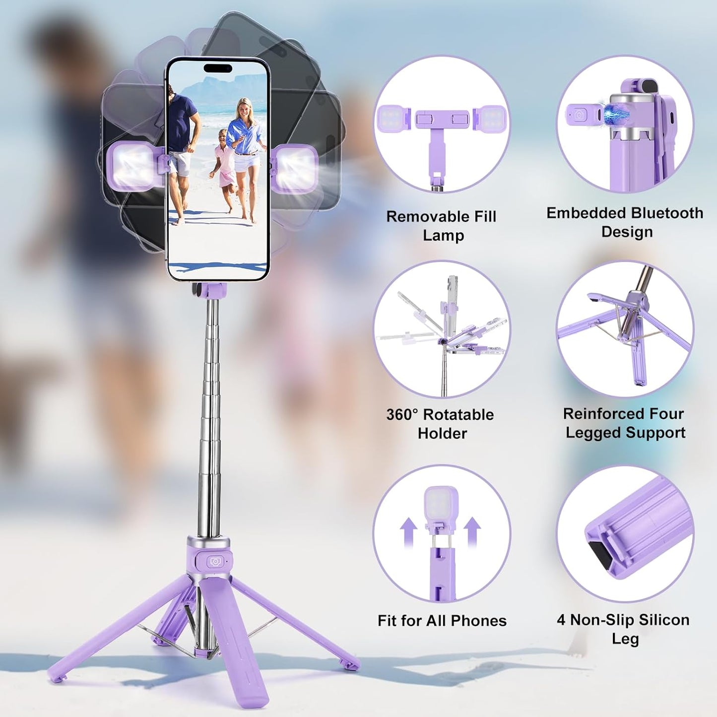 MQOUNY Mini iPhone Tripod Stand & Selfie Stick with Wireless Remote & Removable Light, Extendable Stand 360 Rotation Compatible with iPhone & Android Samsung (Purple)