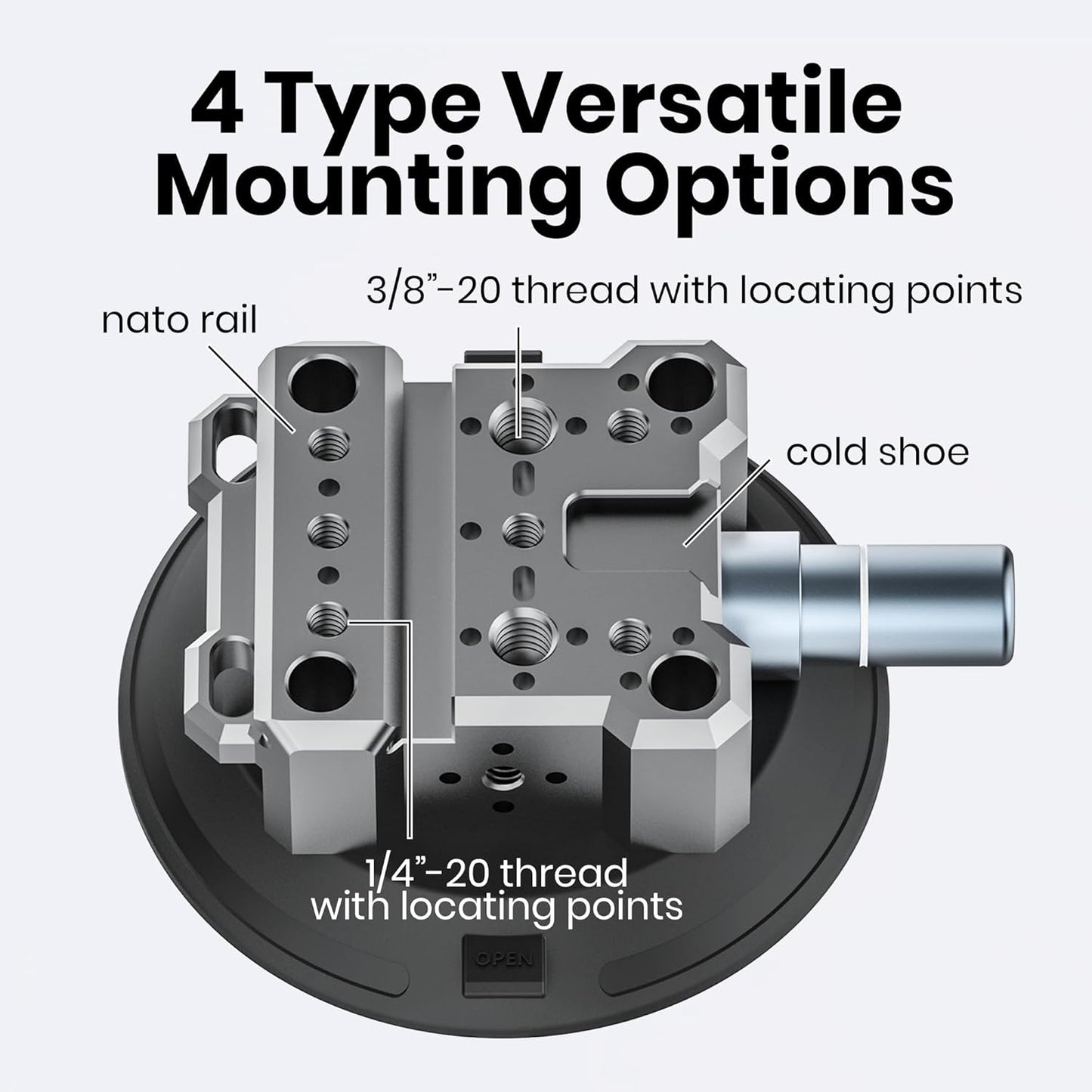 4.5" Suction Cup Camera Mount – Ultimate Car Camera Mount with Cold Shoe, NATO Rail, and Threaded Holes for Cameras, Action Cameras, Phones (4.5")