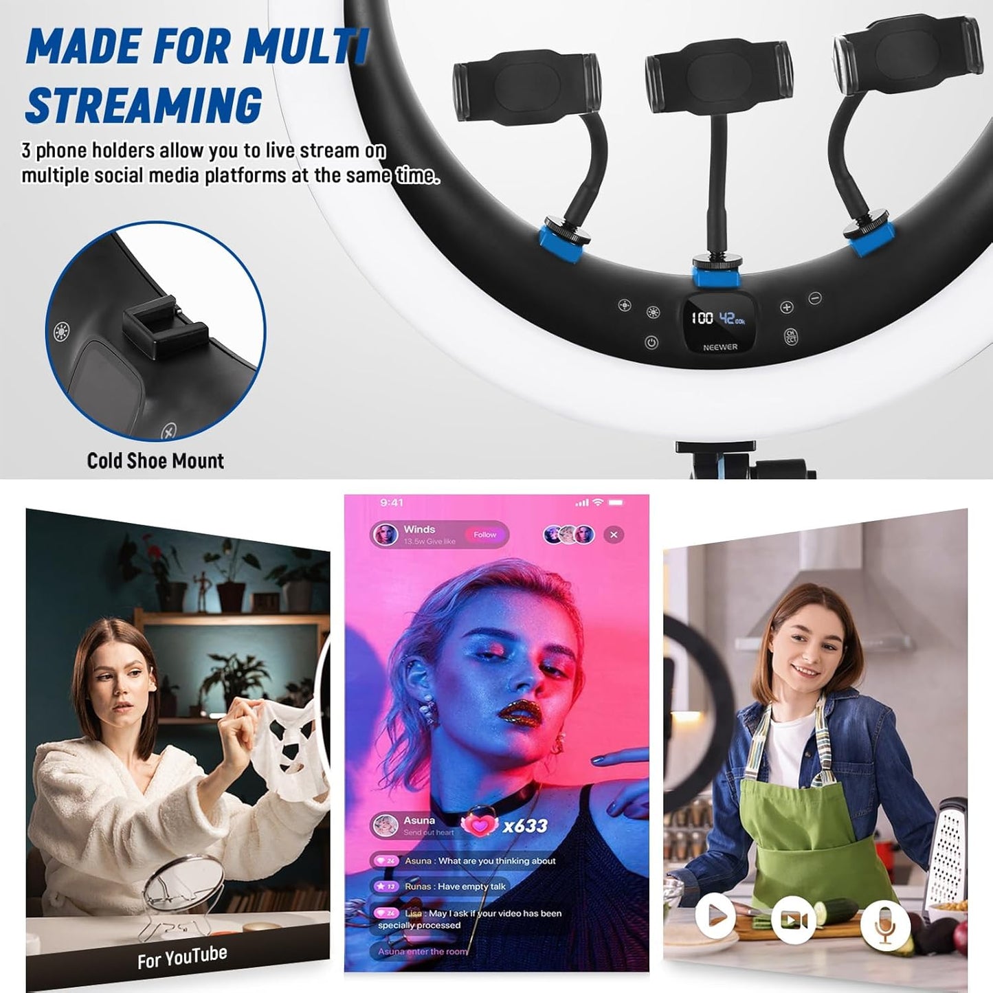 NEEWER RP19H Ring Light 19 Inches with Stand and 3 Phone Holders, Upgraded Touch Control, Smooth Dimming at 1%, 42W CRI 97+ 2540lux, Professional for Streaming Home Office Zoom Call Lighting