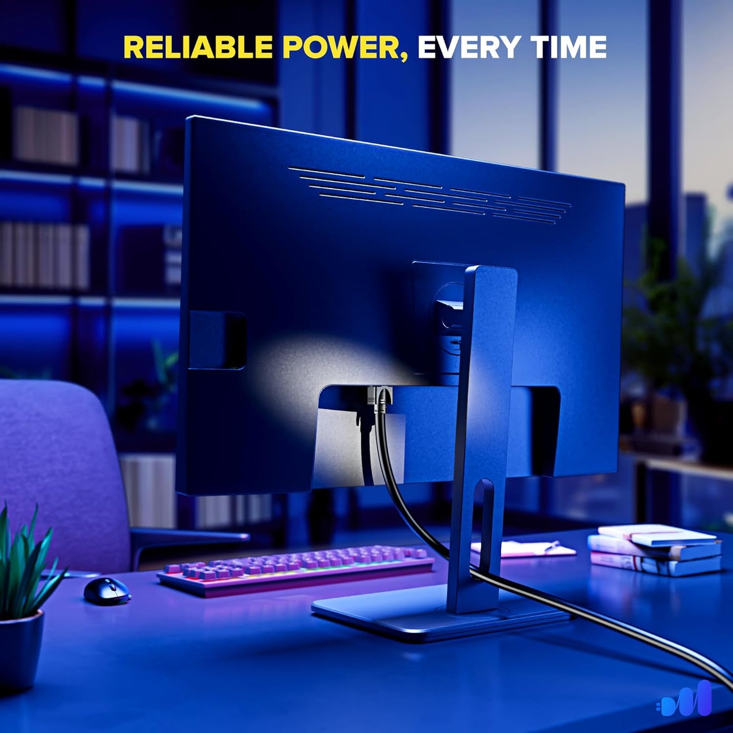 Maximm Monitor Computer Power Cord 10 Ft Flat Plug 360° Rotating PC Cable 3 Prong for, Desktop, Printer, Scanner, 16 AWG NEMA 5-15P to IEC13 - UL Certified