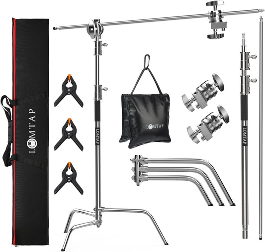 LOMTAP C Stand Light Stand Stainless Metal Photography Kit - Heavy Duty 6.8ft/210cm Vertical Pole, 2.8ft/87cm Boom Arm, Adjustable Base, Water Sandbag, 2 Grip Heads, 3 Clips for Softbox, Reflector