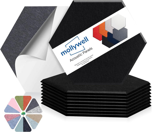 Mollywell Hexagon Acoustic Panels, High Density, Soundproofing, Decorative Noise Reduction Felt Wall Tiles for Ceilings, Home Office & Gaming Room (Black), 14x12x0.4 Inch