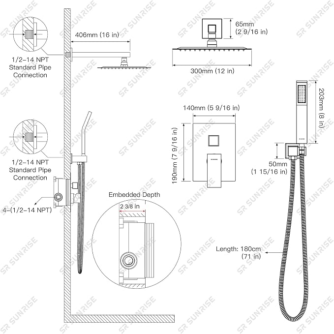 SR SUN RISE 12 Inches Bathroom Luxury Rain Mixer Shower Combo Set Wall Mounted - Image 8