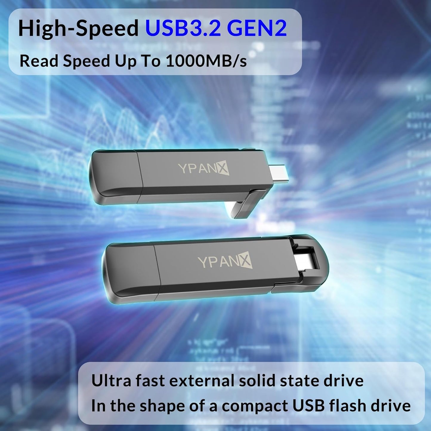 YPANX 512GB Pro Portable SSD, 1000MB/s Speed, USB 3.2 Gen 2 + Type C Dual-Port, Lightweight External SSD for iPhone 15/16/Pro, Android, Windows, Mac, Tablets