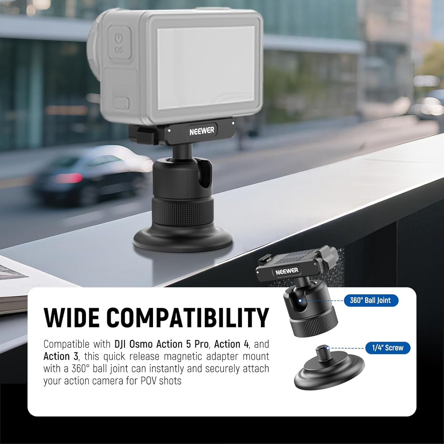 NEEWER Magnetic Camera Mount Compatible with DJI Osmo 360 / Action 5 Pro / 4/3, 360° Quick Release Ball Head Adapter Mount with 1/4" Thread for POV Shots, Camera Cage, Selfie Stick, Tripod, AC013