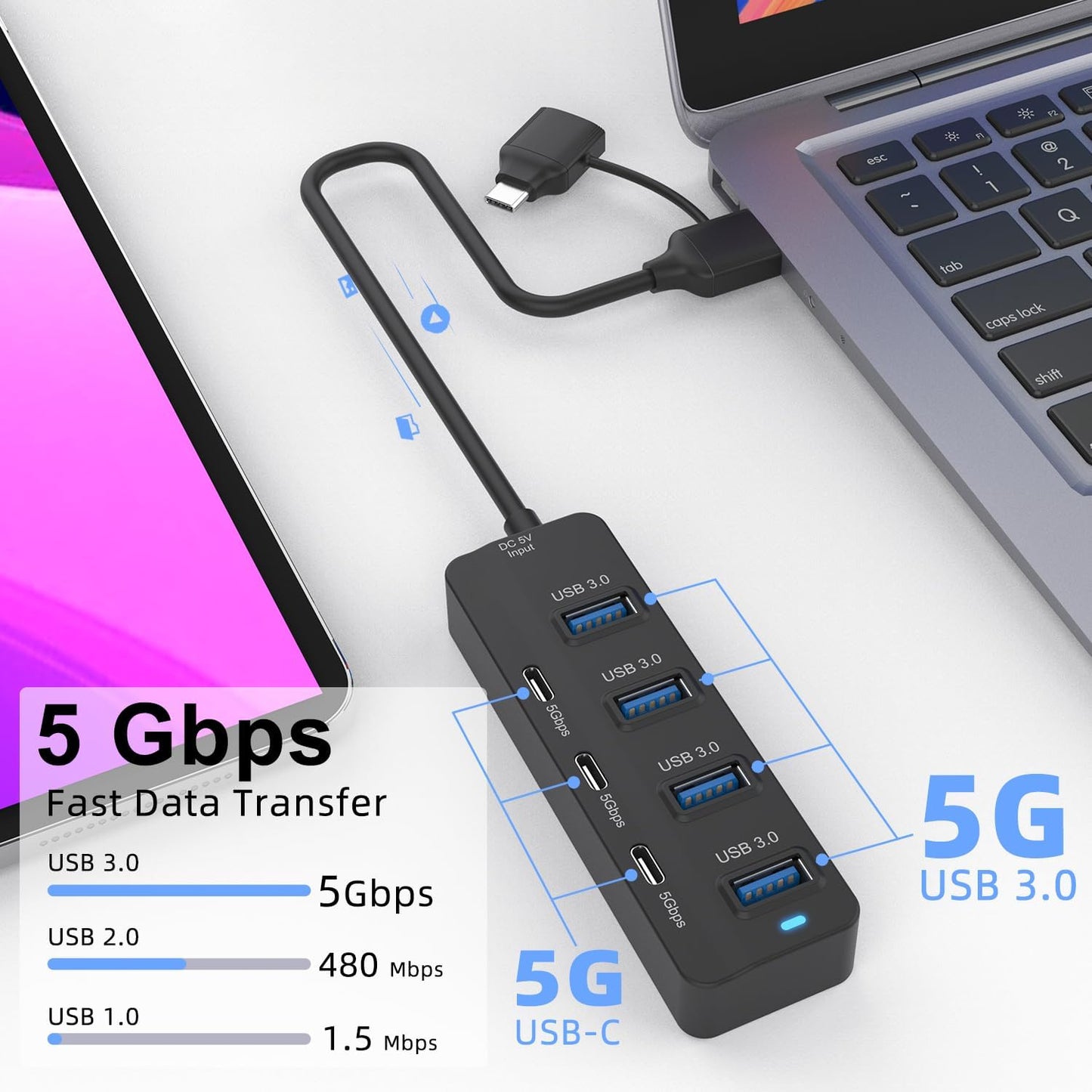 USB C Hub, 5Gbps 7 Ports USB 3.0, USB Hub with USB C Long Cable USB Splitter Multiport Adapter Compatible with Thunderbolt3/4,MacBook, iMac, Surface Pro