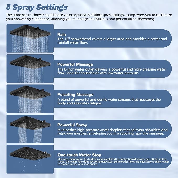 Hibbent Upgraded cUPC Certified 13'' Shower Head Combo, High Pressure 5-spray - Image 2